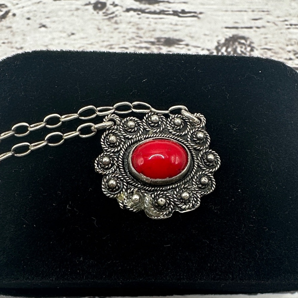Silver Ornate Pendant Necklace with Red Cabochon